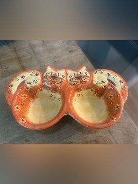 Bella Casa by Ganz orange ceramic double bowl dish Cat -